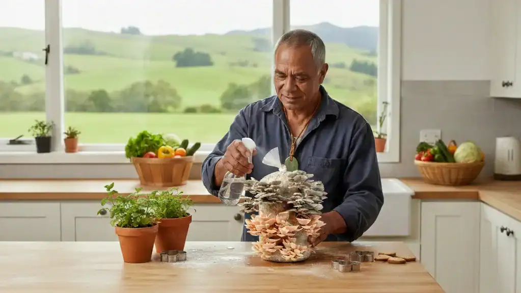 Māori grower showing is How to Grow Oyster Mushrooms in NZ