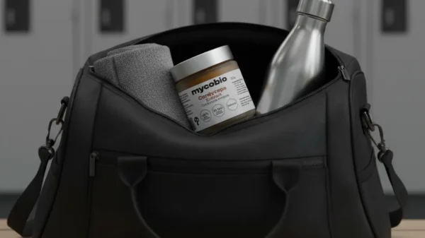 Cordyceps extract sitting in a gym bag ready to use