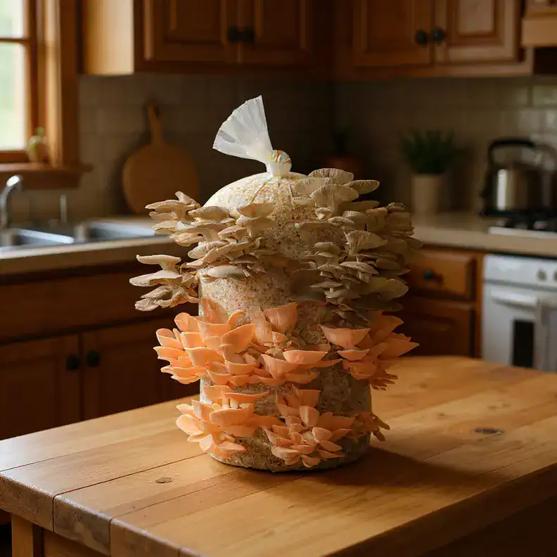 combo mushroom grow kit on a kitchen bench