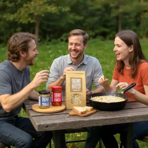 People enjoying a sustainable lunch of OGM! foods