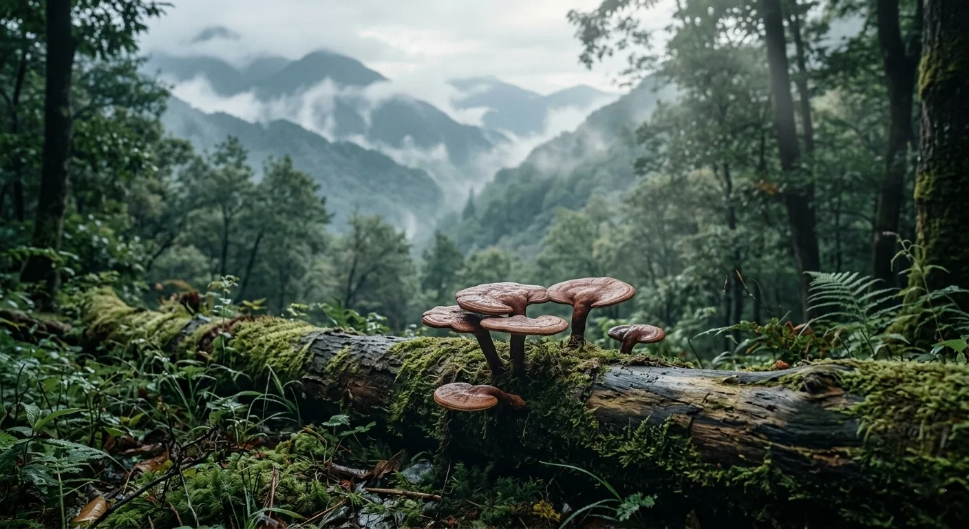 Di Dao mushrooms growing on a log in a remote high mountain