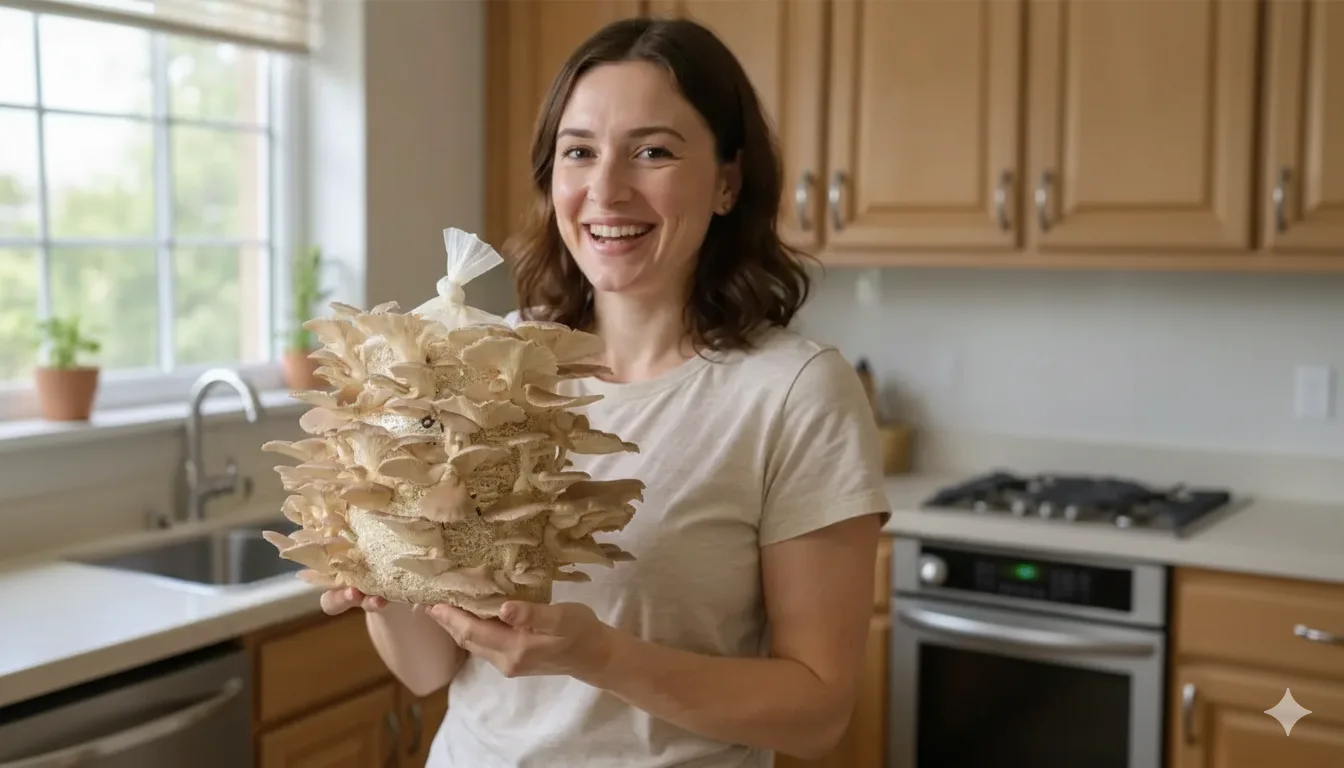 a happy customer holding an oyster mushroom grow kit