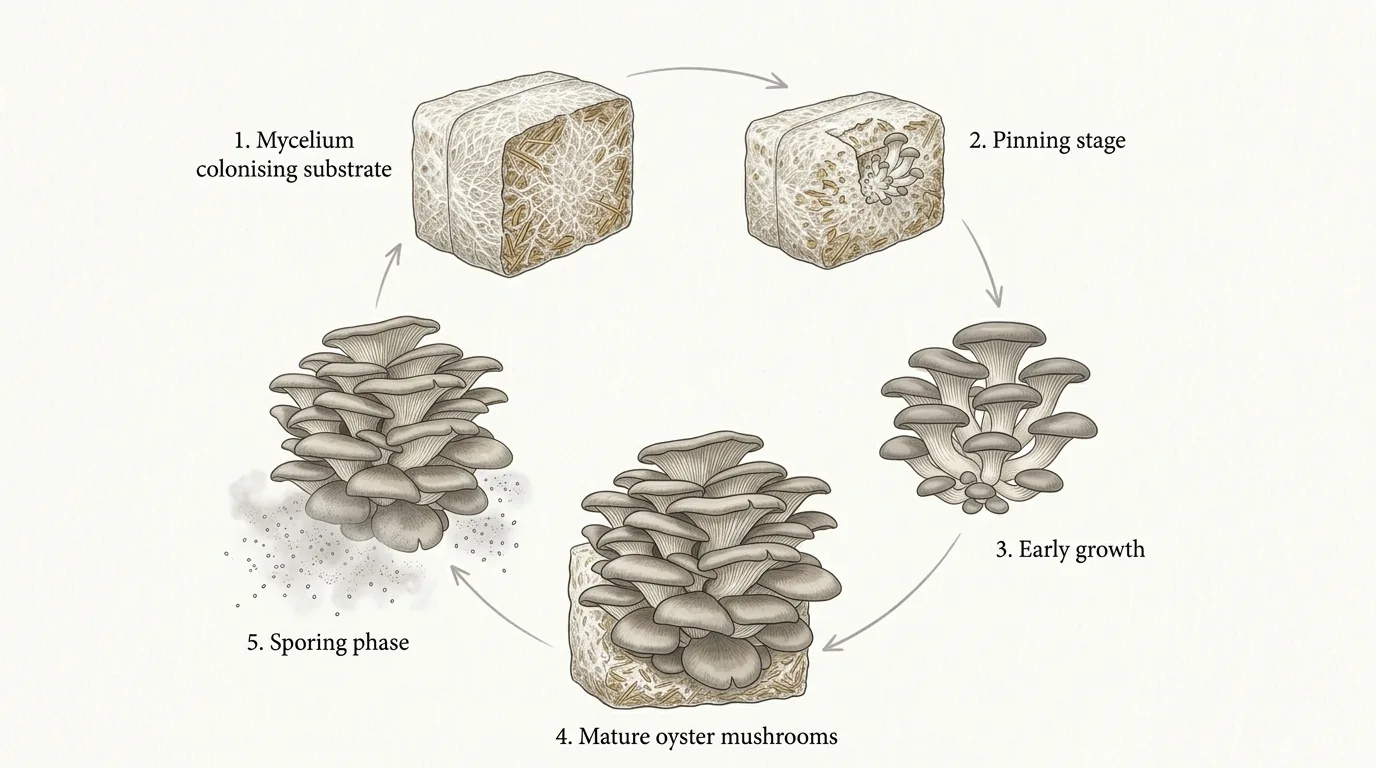 Oyster mushroom growth cycle in stages
