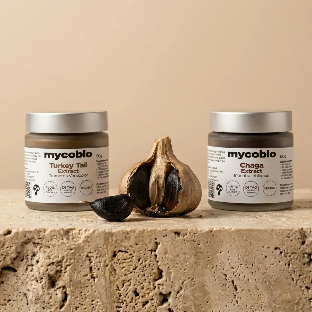 mycobio winter immunity bundle with Turkey Tail, Chaga and Black Garlic